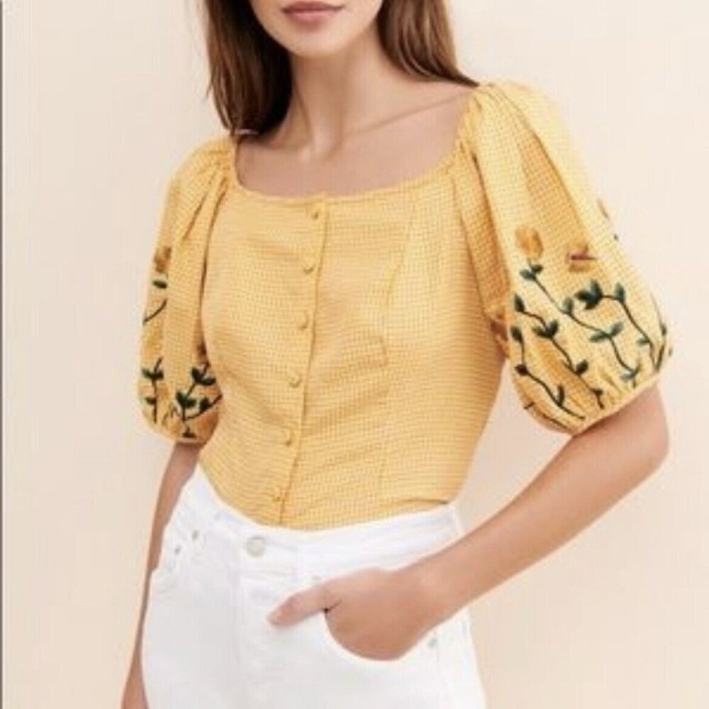 Samant Chauhan Anthropologie Amabella Check Floral Embroidered Top Cottage